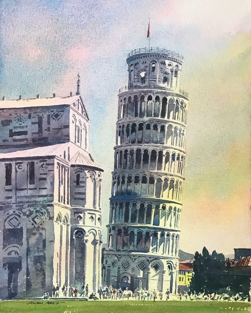 original watercolour of the Leaning Tower of Pisa, Italy